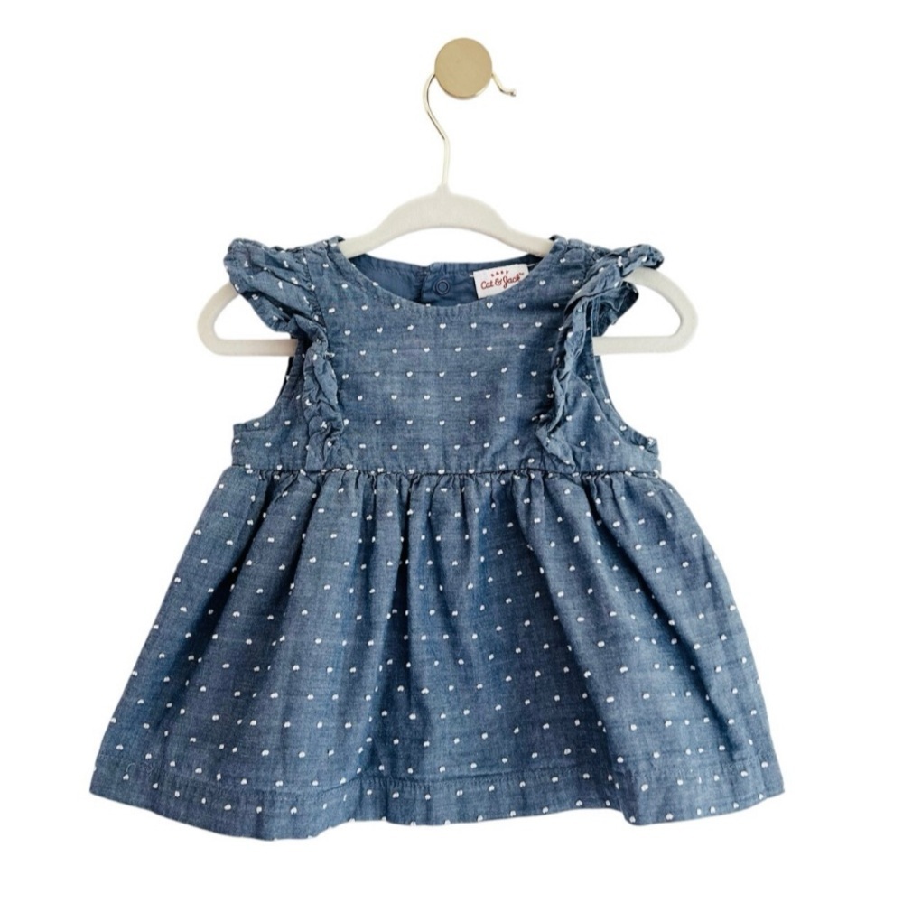 Cat & Jack Denim Blue Ruffle Sleeve Peplum Top w/ White Dots Baby Girl 6-9months